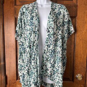 LOFT Green w/Scattered White & Blue Abstract Flowers Open Short Kimono Top XS/S